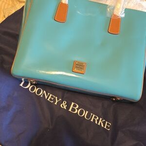 Dooney & Bourke Teal Patent Leather Tote with Tan Trim